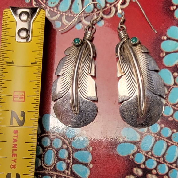 Sterling Silver Feather and Turquoise Earrings - Picture 5 of 6